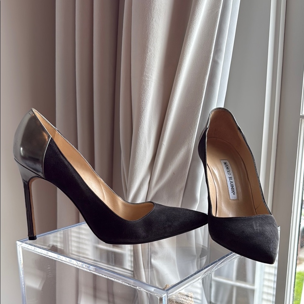 Black Suede Stiletto Pumps with Metallic Detail by Manolo Blahnik